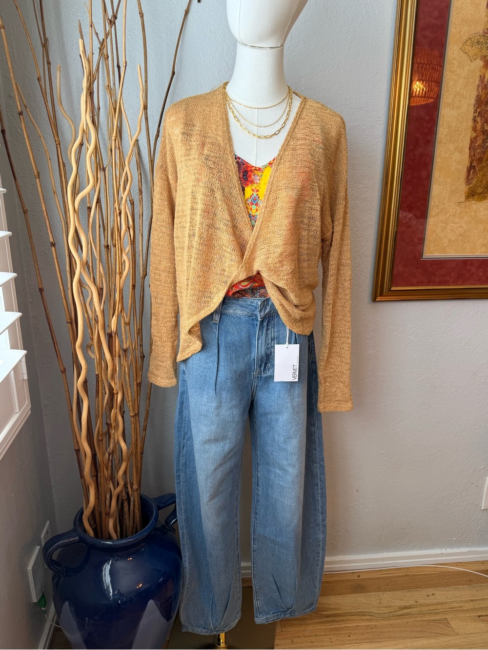 110~NWT Sage The Label Camel Open-Knit Twist-Front Long Sleeve Sweater M, L